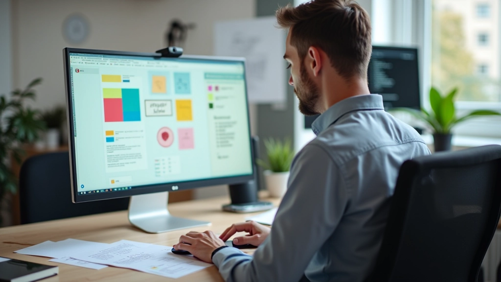 Designer travaillant à un bureau avec des outils d'accessibilité et un contraste de couleurs élevé affiché sur l'écran