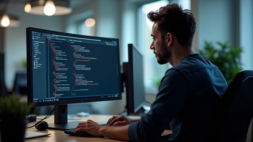 Code HTML et CSS affiché sur un moniteur, développeur pointant vers le code source, studio lumineux